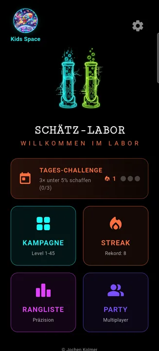 Schätzlabor Startbildschirm